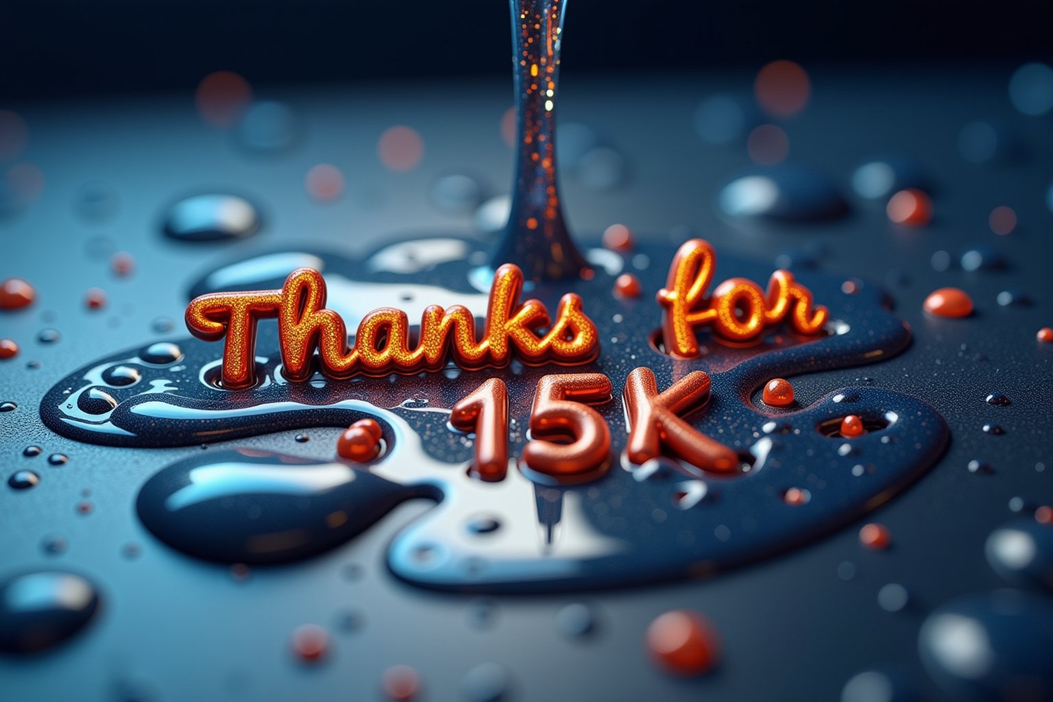 A medium-close shot frames the mesmerizing 3D typography piece, as liquid metal flows like molten lava onto the surface, slowly solidifying into the 'Thanks for ❤️15K❤️' word. The camera captures intricate details of the metallic sheen reflecting surrounding light, with a subtle blue gradient background evoking an otherworldly atmosphere.