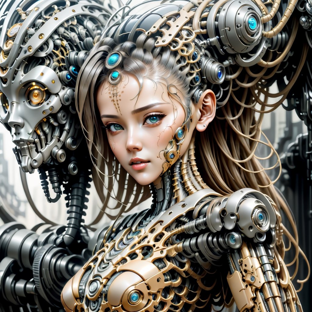 Biomechanical cyberpunk artwork with a girl - cybernetics, human-machine fusion, dystopian, organic meets artificial, dark, intricate, highly detailed.
,mecha