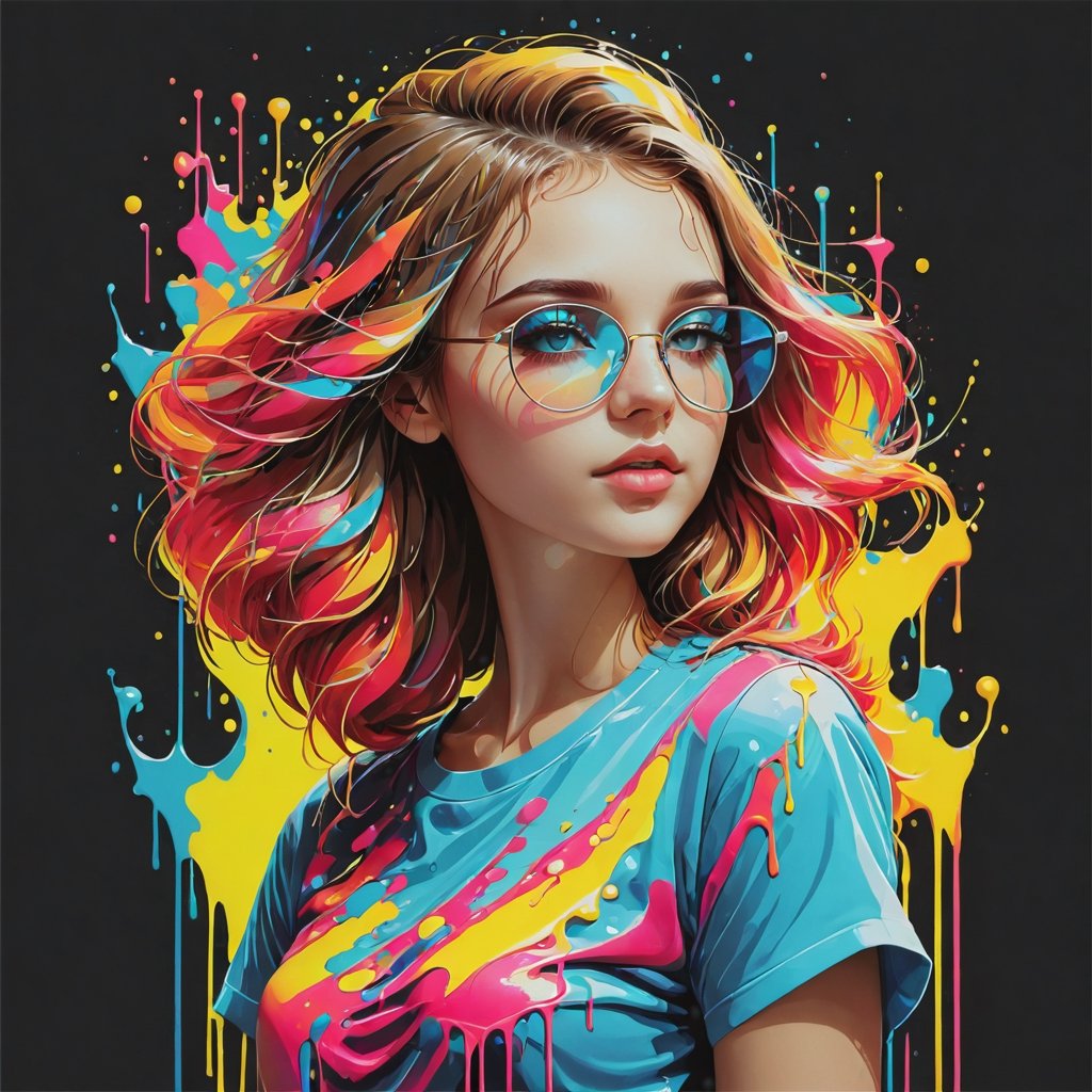 Luxury product style featuring a girl - elegant, sophisticated, high-end, luxurious, professional, highly detailed.
,dripping paint,pixelartstyle,neon photography style,tshirt design