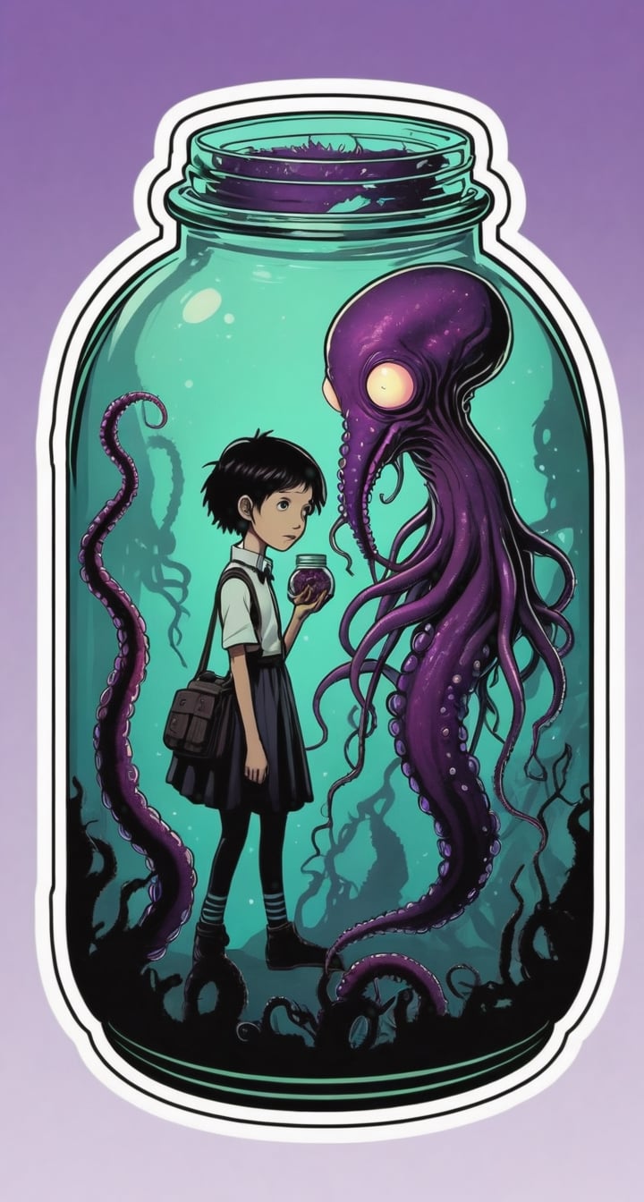 Lovecraftian Horror Sticker with TenTen**: TenTen encounters eldritch horrors in a surreal, cosmic nightmare.
,in a jar