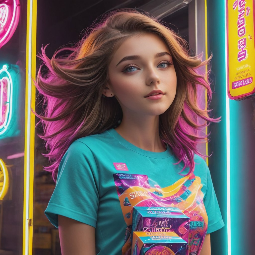 Retail packaging style featuring a girl - vibrant, enticing, commercial, product-focused, eye-catching, professional, highly detailed.
,neon photography style,tshirt design