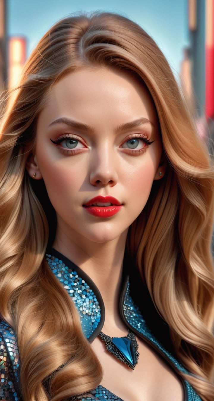 ultra-realistic photo of a woman who looks like a mix of Amanda Seyfried,Taylor Swift and Scarlet Johansson, in a fashionable neo outfit, 3d body art,
 long hair, beautiful eyes, highly detailed cinematic portrait, HDR, 8K, 4K, REDSHIFT RENDERING BY MAXON
,3d toon style