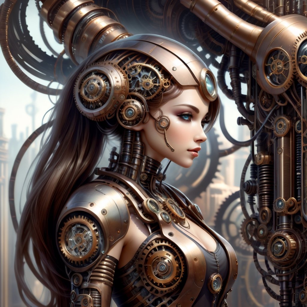 Biomechanical style with a girl - blend of organic and mechanical elements, futuristic, cybernetic, detailed, intricate.
,steampunk style