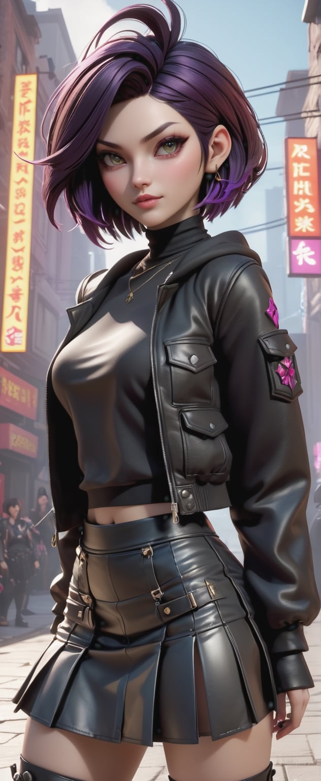 a woman in a short skirt posing for a picture, inspired by Leng Mei, trending on cg society, conceptual art, tifa, 8 k octane detailed render, wearing a punk outfit, style game square enix life, iray, faye valentine, 2020 video game screenshot, soldier outfit, urban fantasy, 8k octae render photo, yennefer
,arcane,3d toon style