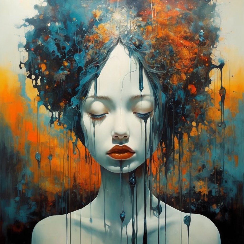 Surrealist art with a girl - dreamlike, mysterious, provocative, symbolic, intricate, detailed.
,dripping paint