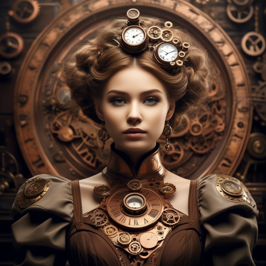 Steampunk style with a girl - antique, mechanical, brass and copper tones, gears, intricate, detailed.
,beautymix