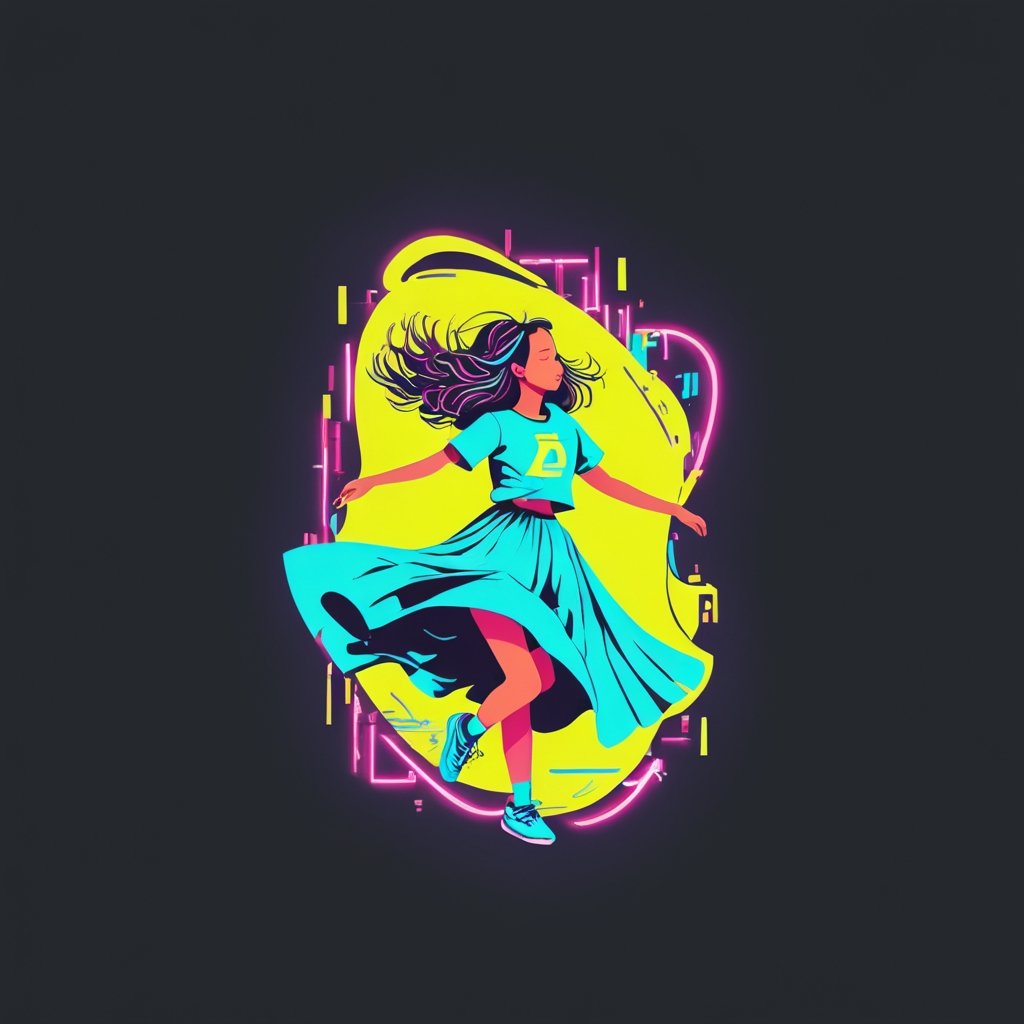 Typographic art featuring a girl - stylized, intricate, detailed, artistic, text-based.
,tshirt design,A girl dancing ,neon photography style,lofi,Leonardo Style