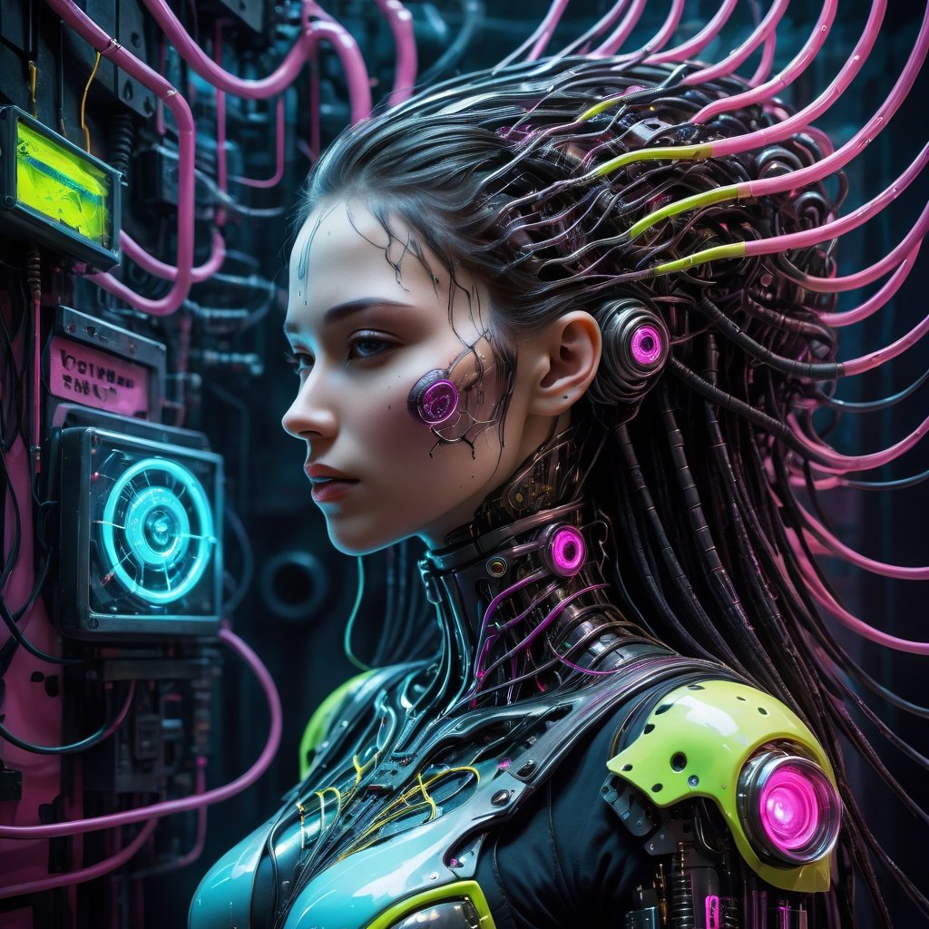 Biomechanical cyberpunk artwork with a girl - cybernetics, human-machine fusion, dystopian, organic meets artificial, dark, intricate, highly detailed.
,dripping paint,neon photography style