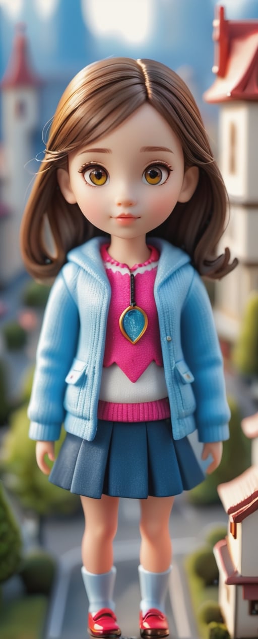 Tilt-Shift Photo featuring a Miniaturized Girl: Selective focus, girl in a miniature world, detailed rendering.,Story book ,3d style