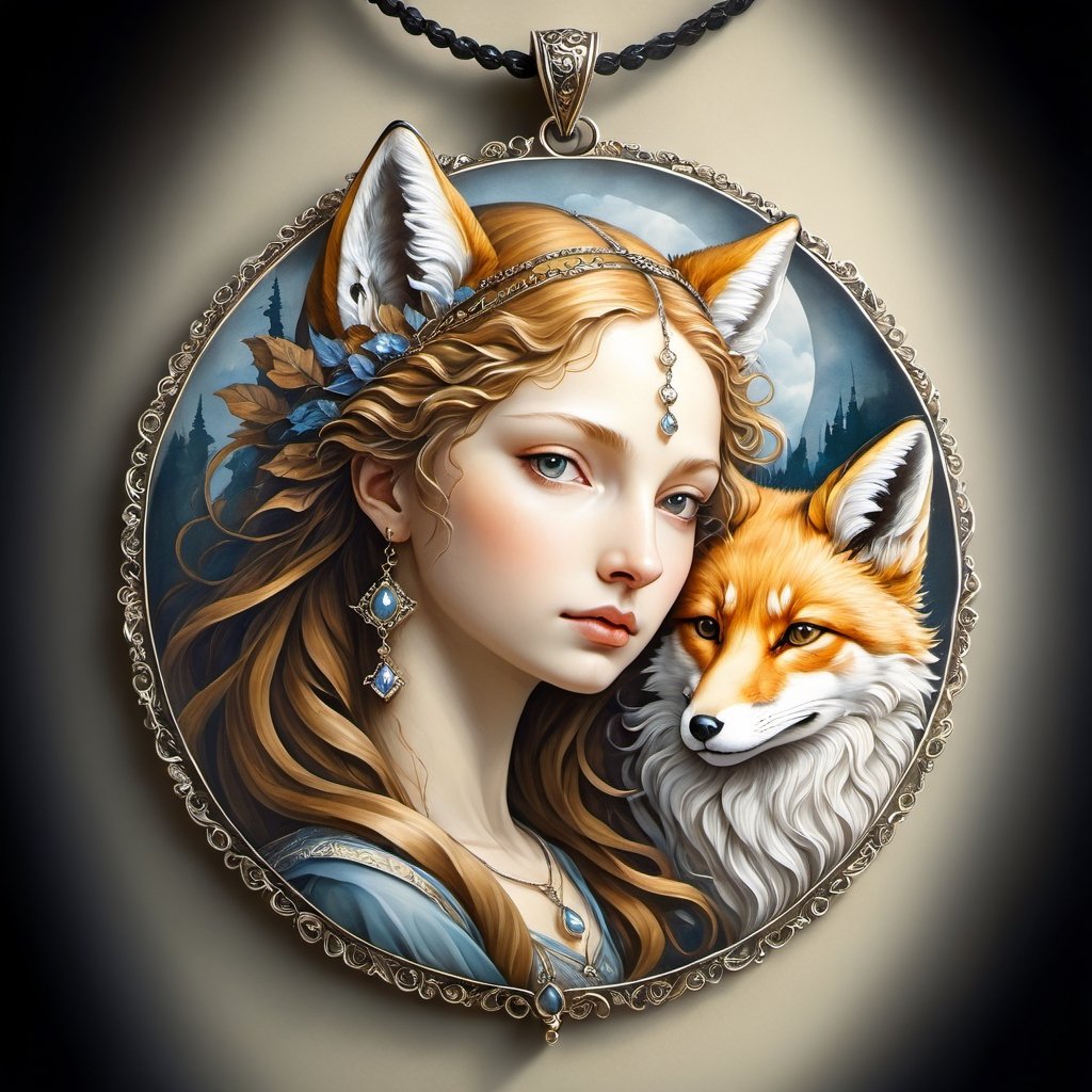 Renaissance style with a girl - realistic, perspective, light and shadow, religious or mythological themes, highly detailed.
,Leonardo Style,Spirit Fox Pendant,ink scenery