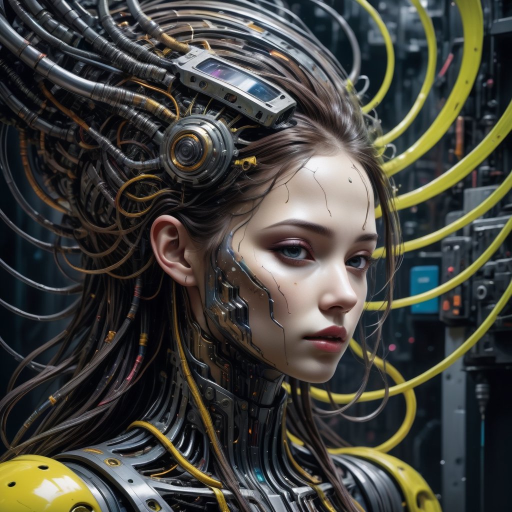 Biomechanical cyberpunk artwork with a girl - cybernetics, human-machine fusion, dystopian, organic meets artificial, dark, intricate, highly detailed.
,dripping paint