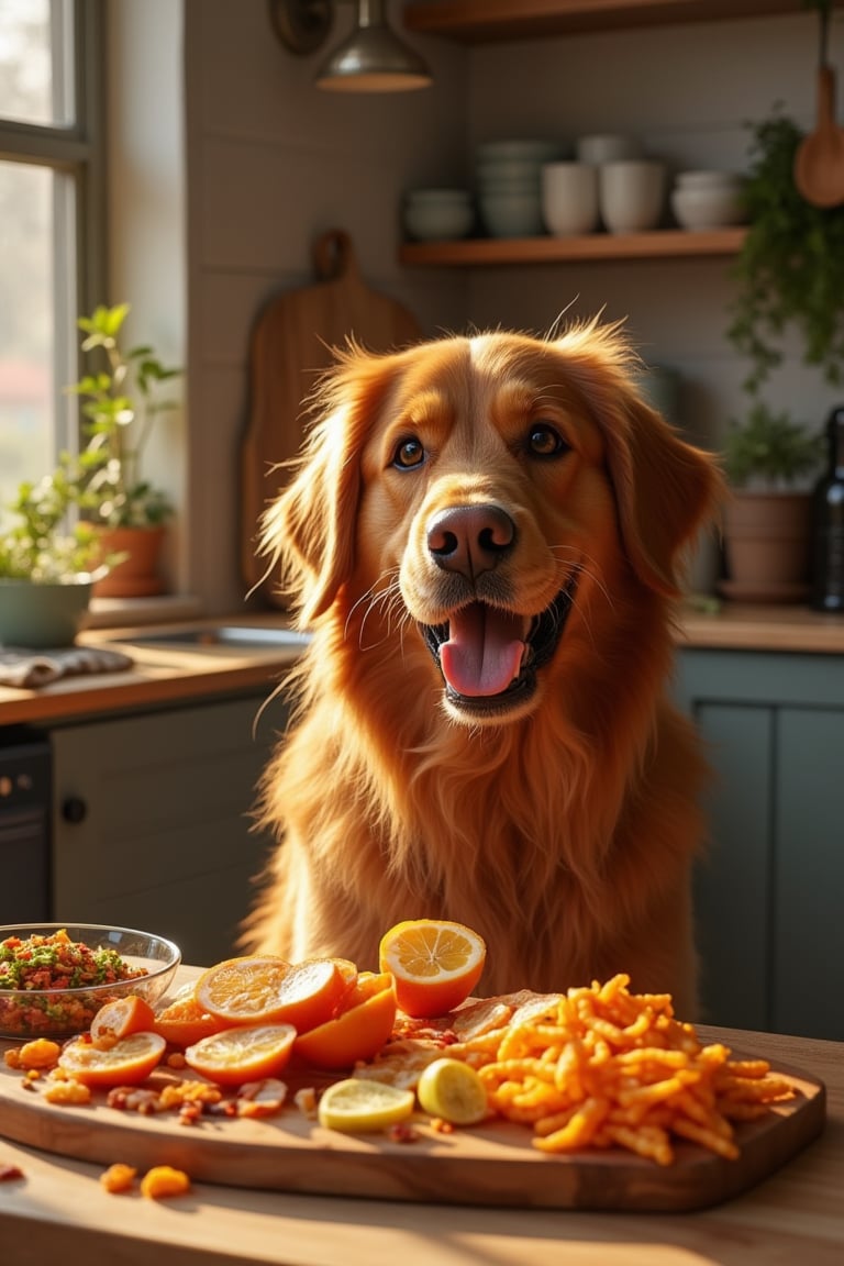 A golden retriever's radiant face beams with delight as it indulges in a crispy veggie snack against a colorful vegan spread, bathed in warm sunlight that highlights its fluffy coat and textures. The minimalist kitchen backdrop showcases modern appliances amidst organic accents, blending industrial chic with natural serenity.