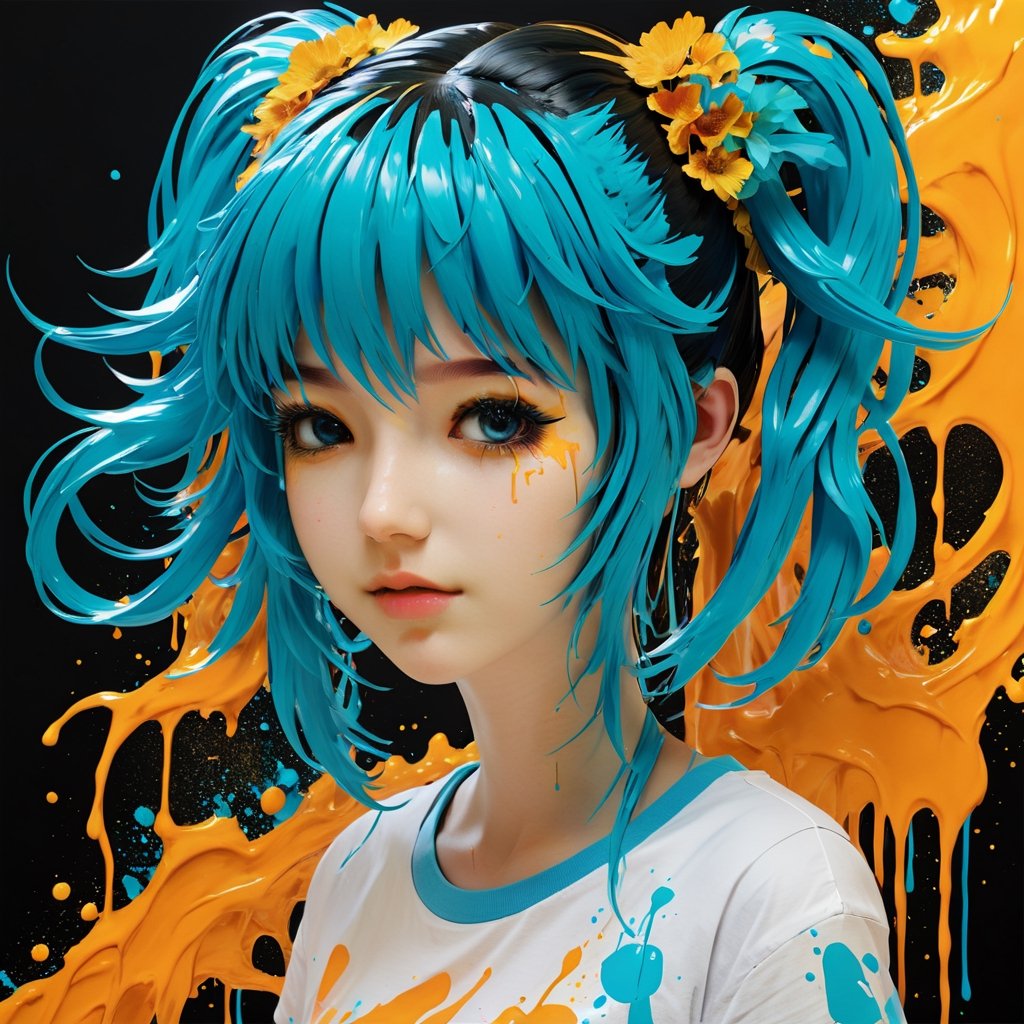 Hyperrealistic art of a girl - extremely high-resolution details, photographic, realism pushed to the extreme, fine texture, incredibly lifelike.
,Yae Miku,tshirt design,dripping paint,blacklight makeup