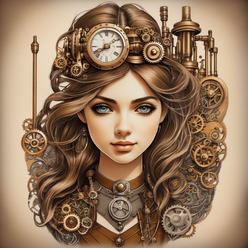 Steampunk style with a girl - antique, mechanical, brass and copper tones, gears, intricate, detailed.
,tshirt design,pencil sketch