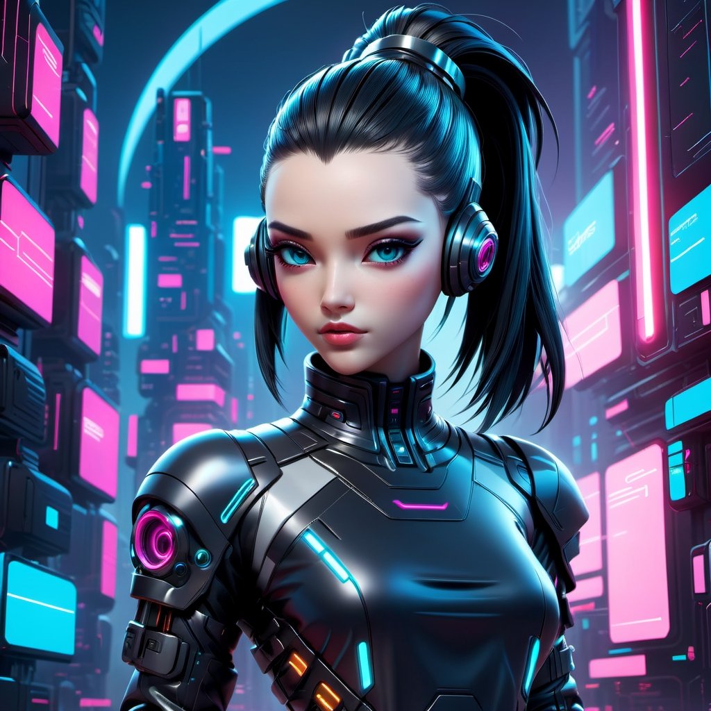 Futuristic style featuring a girl - sleek, modern, ultramodern, high tech, detailed.,cyberpunk style,3d toon style