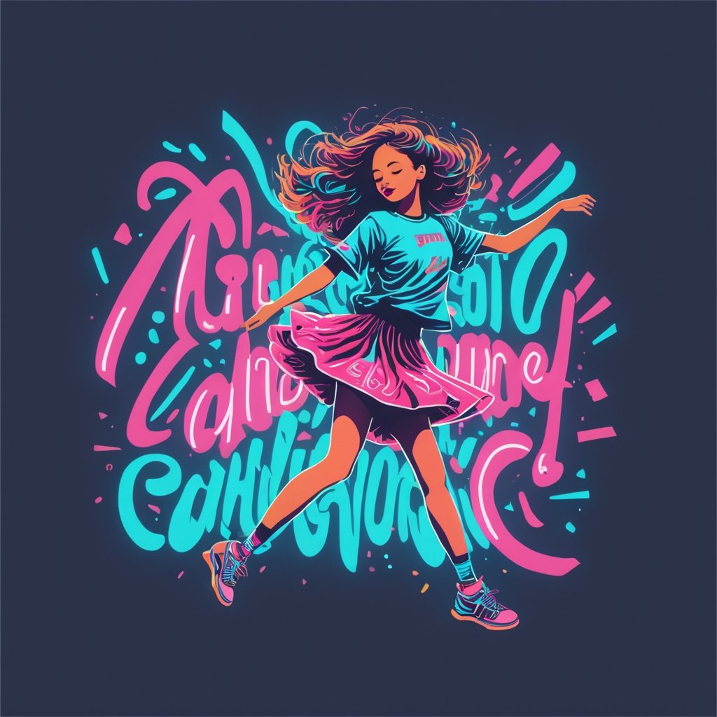 Typographic art featuring a girl - stylized, intricate, detailed, artistic, text-based.
,tshirt design,A girl dancing ,neon photography style,lofi,Leonardo Style