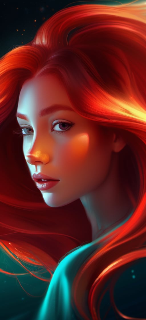 a painting of a woman with long red hair, digital art by Cyril Rolando, zbrush central contest winner, digital art, glossy digital painting, glowing flowing hair, flowing glowing hair
