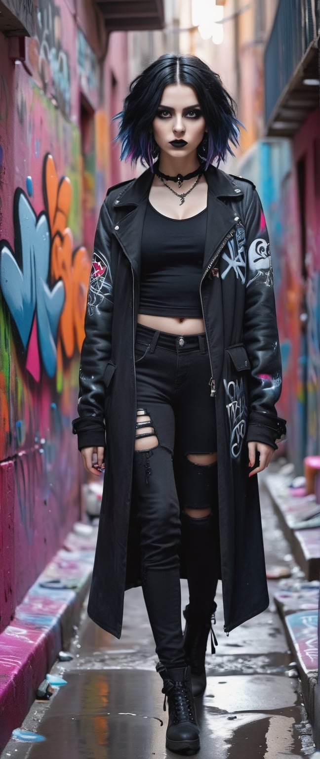  **Street Graffiti Rebellion:**
    In the heart of a graffiti-covered alley, a woman with ultra-detailed eyes walks amidst the chaotic vibrancy. Shot with a Sony a7R IV, the hyperrealistic rendering of spray-painted chaos and soft lighting transforms this urban setting into a rebellious cinematic scene.
,goth person