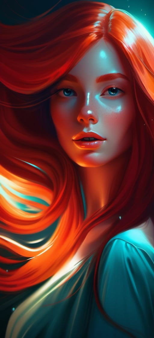 a painting of a woman with long red hair, digital art by Cyril Rolando, zbrush central contest winner, digital art, glossy digital painting, glowing flowing hair, flowing glowing hair
