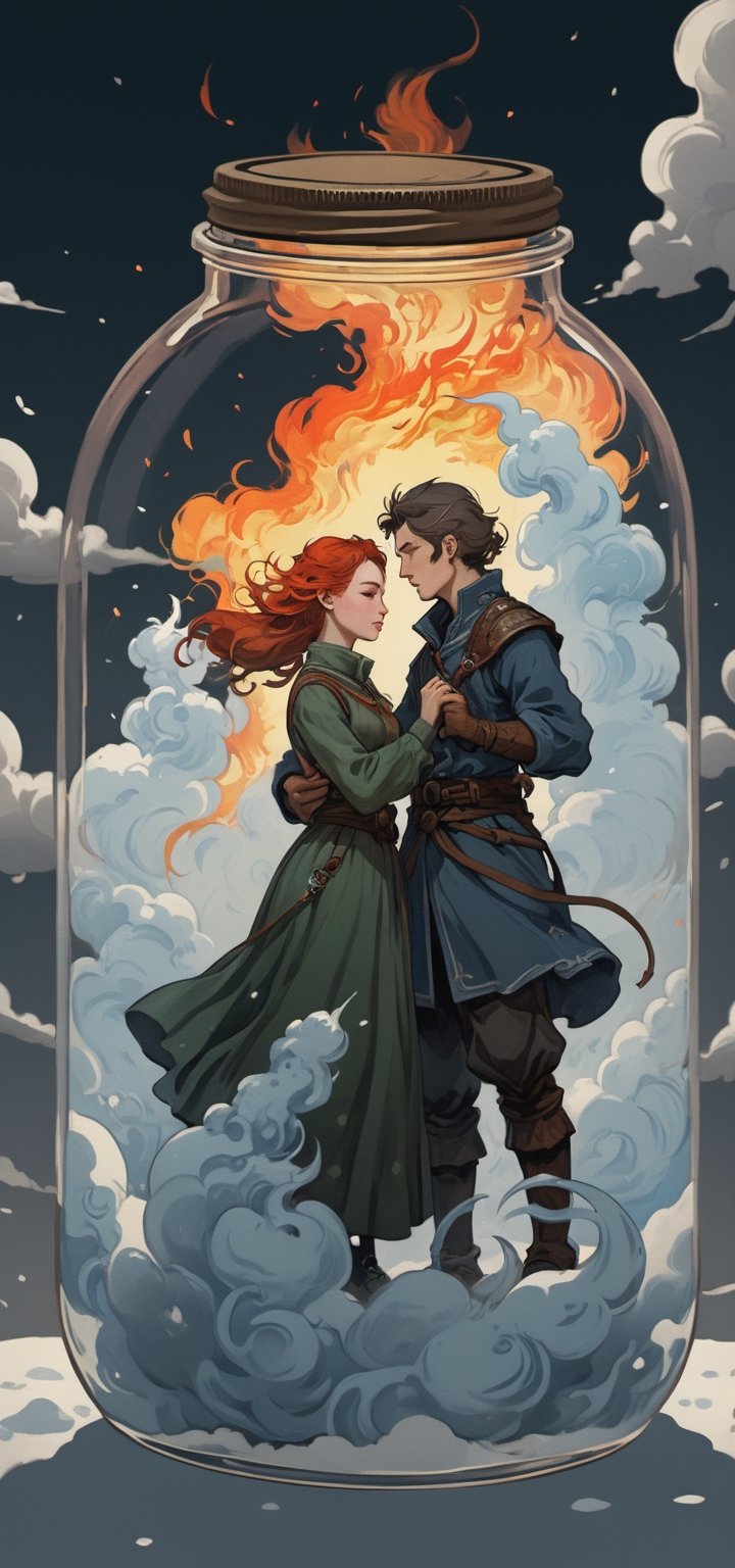 In the style of "Post-Punk": A post-punk-inspired illustration of Svetlana Surganova and Egor Letov, embracing the rebellious spirit of the genre.
,in a jar,ice and water,Fire Emblem,mythical clouds