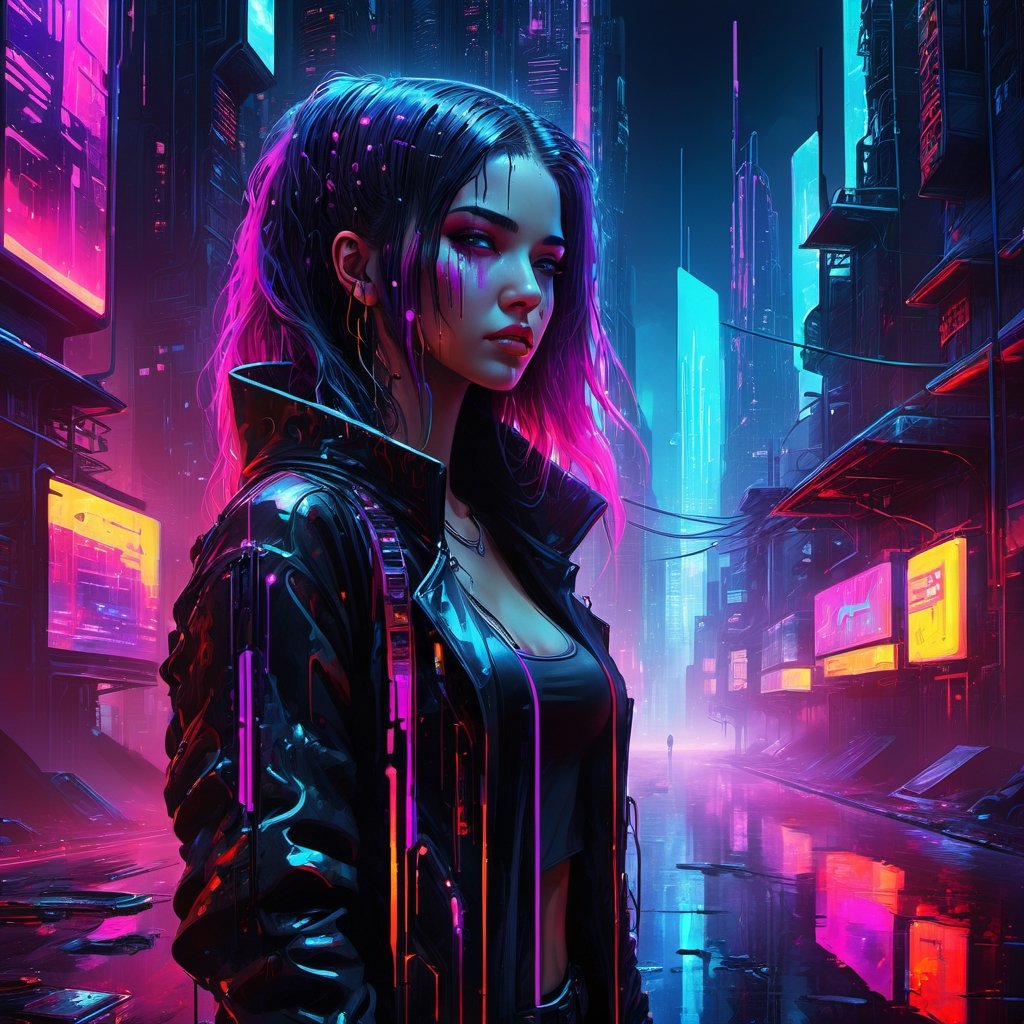 Cyberpunk cityscape with a girl - neon lights, dark alleys, skyscrapers, futuristic, vibrant colors, high contrast, highly detailed.
,dripping paint,DonM5yn1hXL