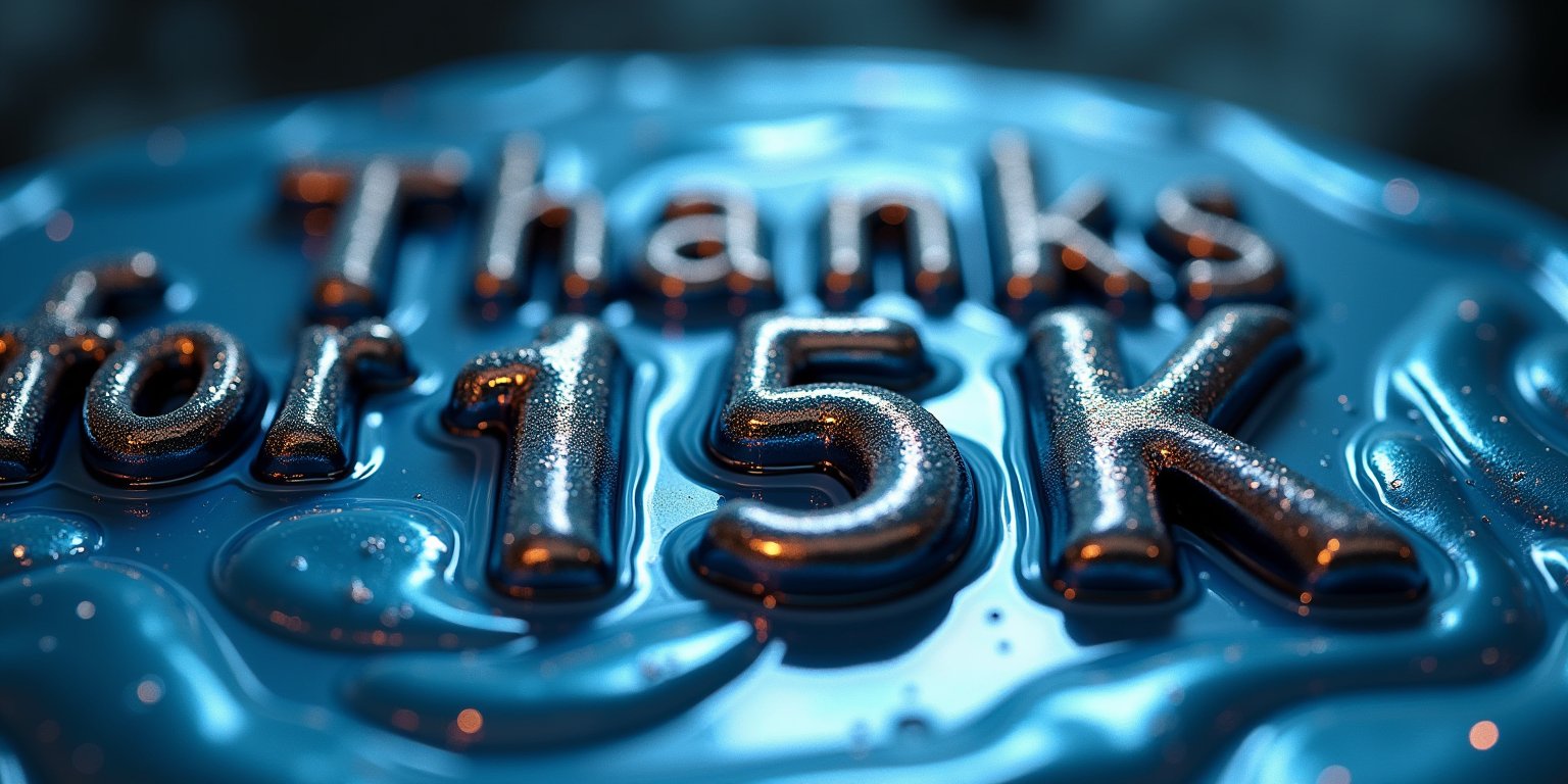 A mesmerizing close-up shot of the Thanks for ❤️15K❤️ typography piece. The camera pans across the liquid metal's fluid motion as it solidifies into 3D letters, their metallic sheen reflecting subtle blue hues and surrounding light, creating an otherworldly atmosphere reminiscent of a futuristic portal.