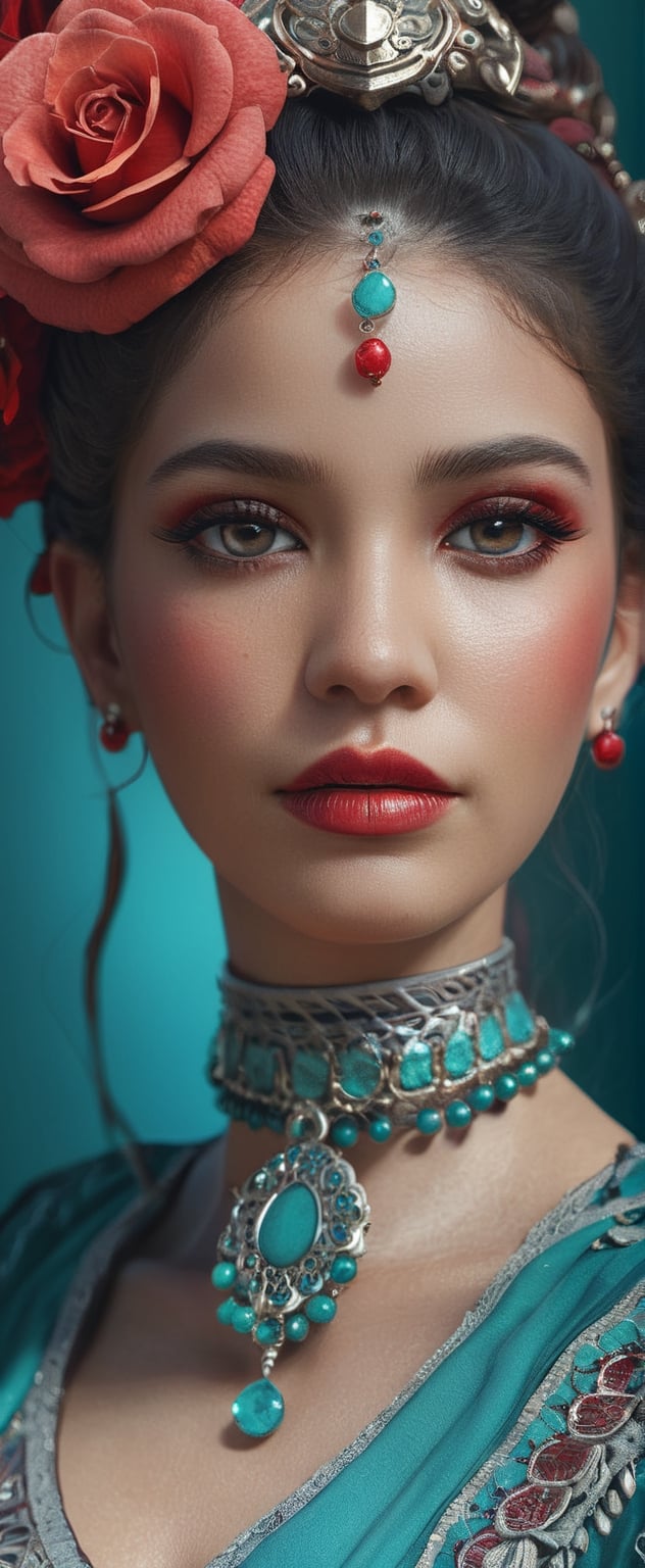 Closeup portrait of very beautiful mexican woman, intricate details, teal and red roses,art styles Karol Bak,Android Jones, Jean Baptiste Monge, Alberto Seveso, James Jean, Jeremy Mann, Johan Grenier, Tom Bagshaw,Monia Merlo, filigree bodice with an artistic pattern in a similar style from Lisha Hannigan, Reina Rosin, Greg Rutkowski, Anna Dittmann, art style,octane visualization, photorealistic, cinematic lighting, photorealistic,
 realistic shader effects, very complex realistic details, textures, shadows, patterns and surroundings, highly detailed and complex professional photography, ultra cinematic Sony A7R IV shot, masterpiece, concept art with a resolution of 128K,HDR, Artstation trend, Triad of colors, Unreal Engine 5d,redshift style, Acad88 designer,
,SteelHeartQuiron character