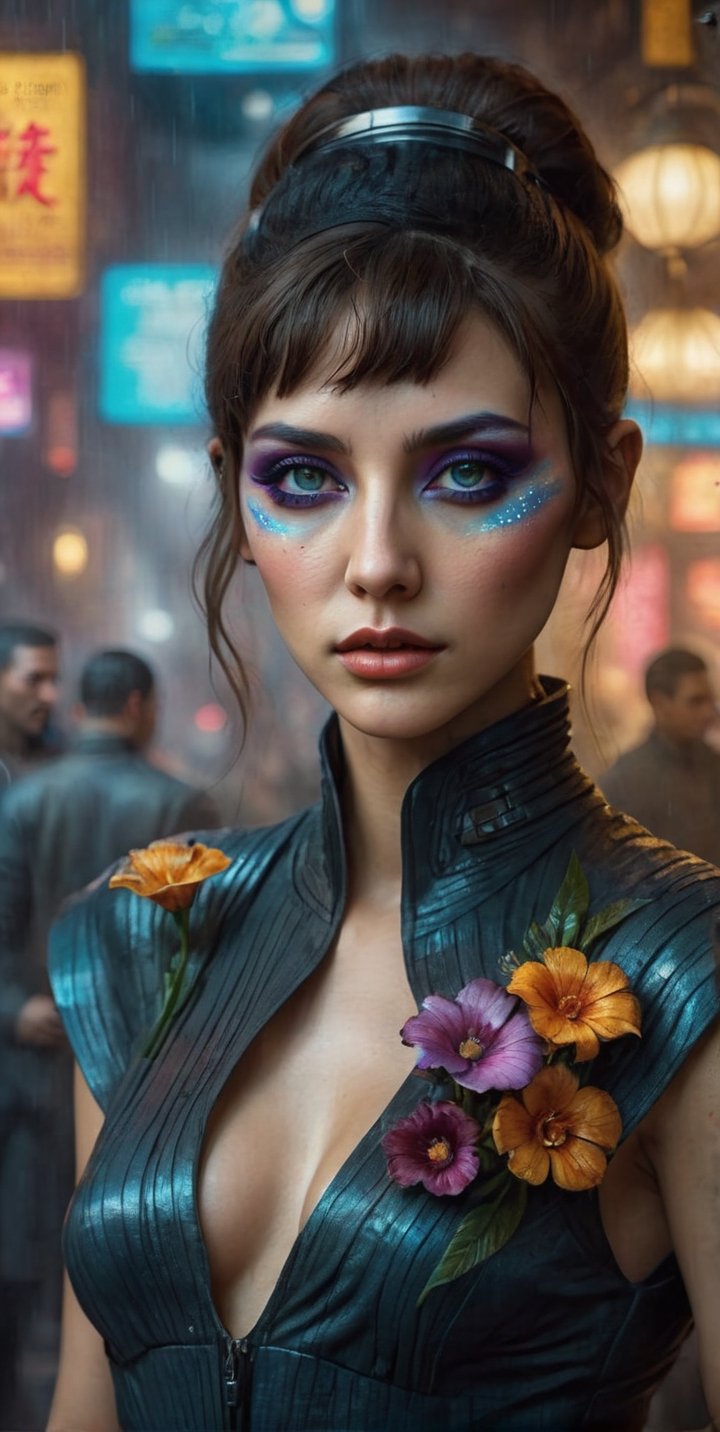 A very beautiful woman, a character from the movie "Blade Runner 2049" beautiful, detailed eyes and face features, stylish outfit,
 face body art flower, realistic lighting, detailed cinematic portrait and details, HDR, 8K, 5d art concept background
,on parchment