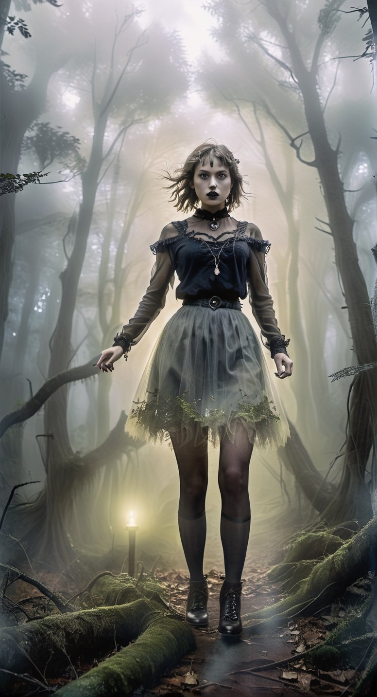 Mystical Forest Stroll:
[Art AI Halloween 2023 Creativity style] A captivating giantess in a bewitching miniskirt, gracefully walking through an ancient, fog-draped forest. [Random camera view, ultra resolution, intricate details, shadows dancing in ethereal light.],Monster