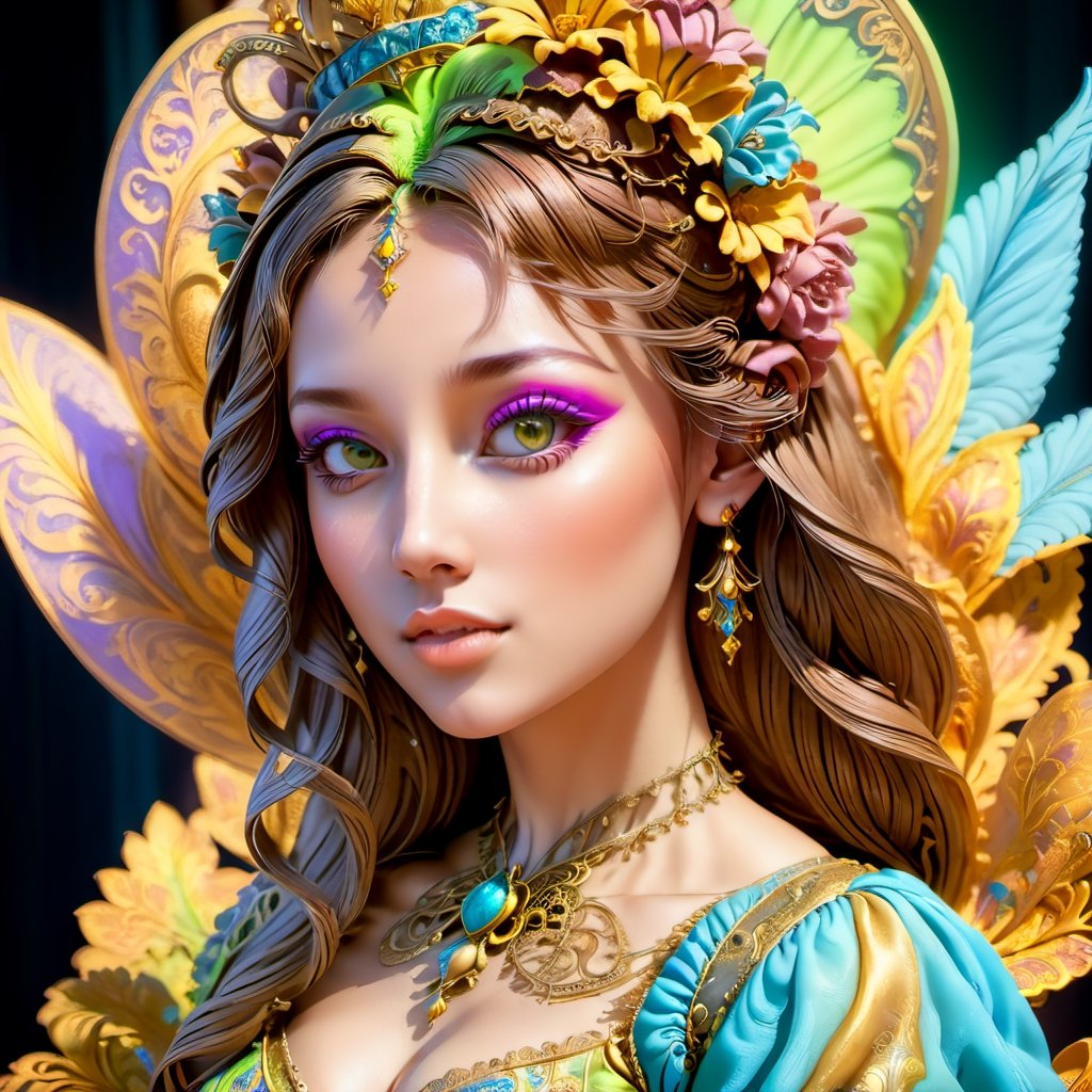 Renaissance style with a girl - realistic, perspective, light and shadow, religious or mythological themes, highly detailed.
,3d toon style,blacklight makeup,DonML1quidG0ldXL 