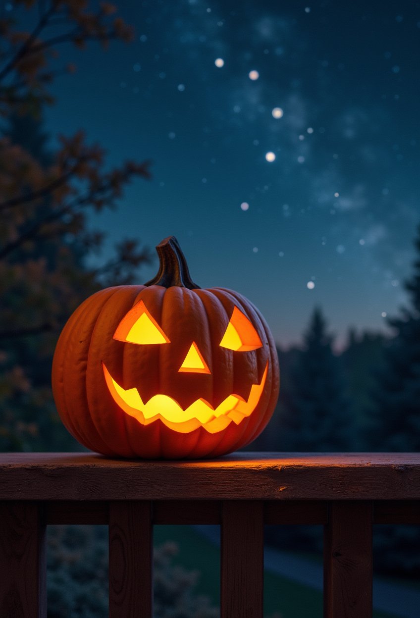 A serene autumnal tableau: A radiant jack-o'-lantern, its pumpkin surface velvety and aglow, perches atop a weathered wooden fence or porch railing, its gentle curves casting a warm, golden light that harmonizes with the twinkling stars in the dark blue sky above. The constellations sparkle like diamonds against the celestial canvas, as the atmosphere is bathed in a cozy, inviting ambiance.