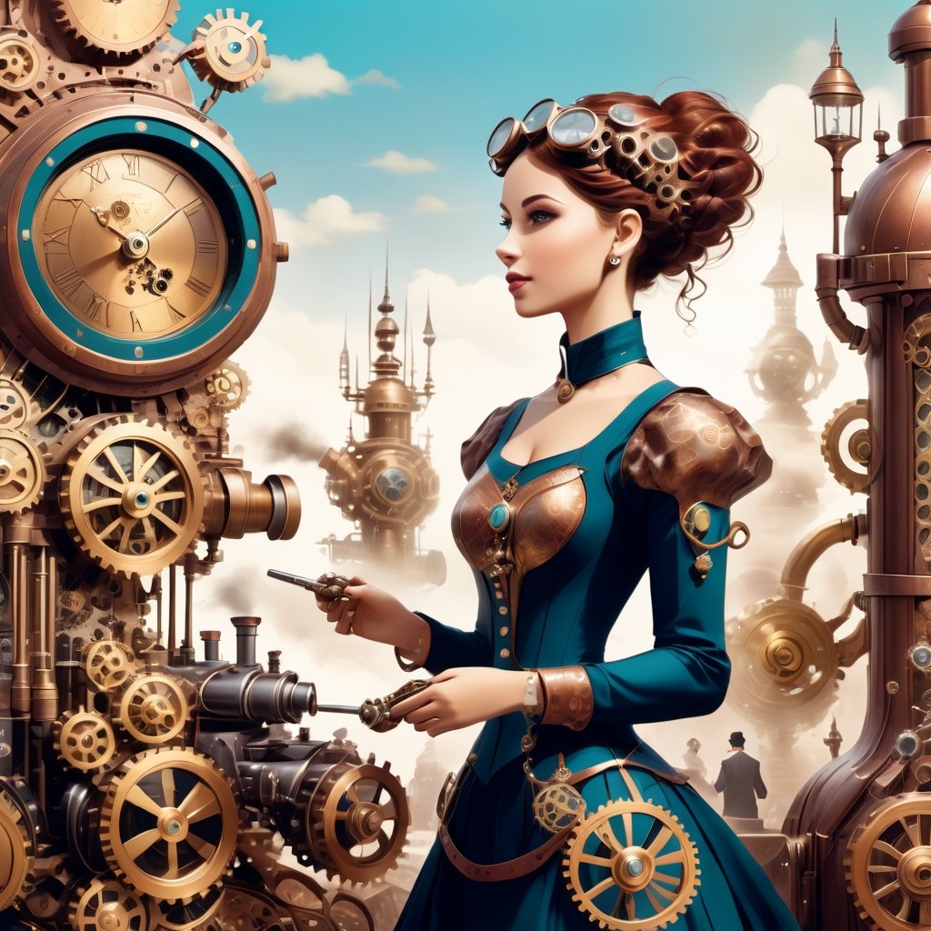 Steampunk style with a girl - antique, mechanical, brass and copper tones, gears, intricate, detailed.
,beautymix,steampunk style,cyborg style