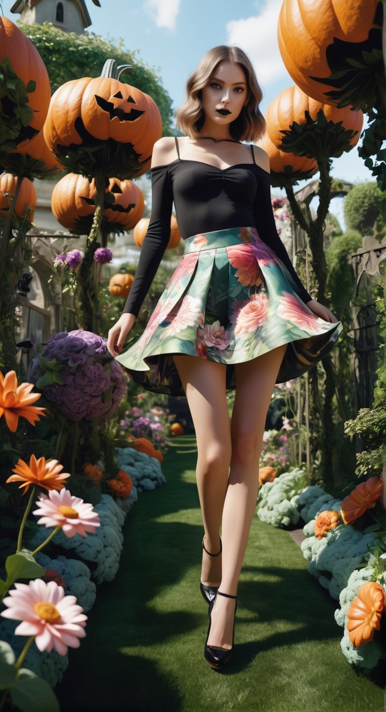*Enchanted Garden Soiree:**
   [Art AI Halloween 2023 Creativity style] Picture a giantess in a floral miniskirt, gracefully walking through a garden filled with oversized flowers and whimsical vegetation. [Random camera view, ultra resolution, capturing intricate floral details, play of shadows and natural sunlight.]
