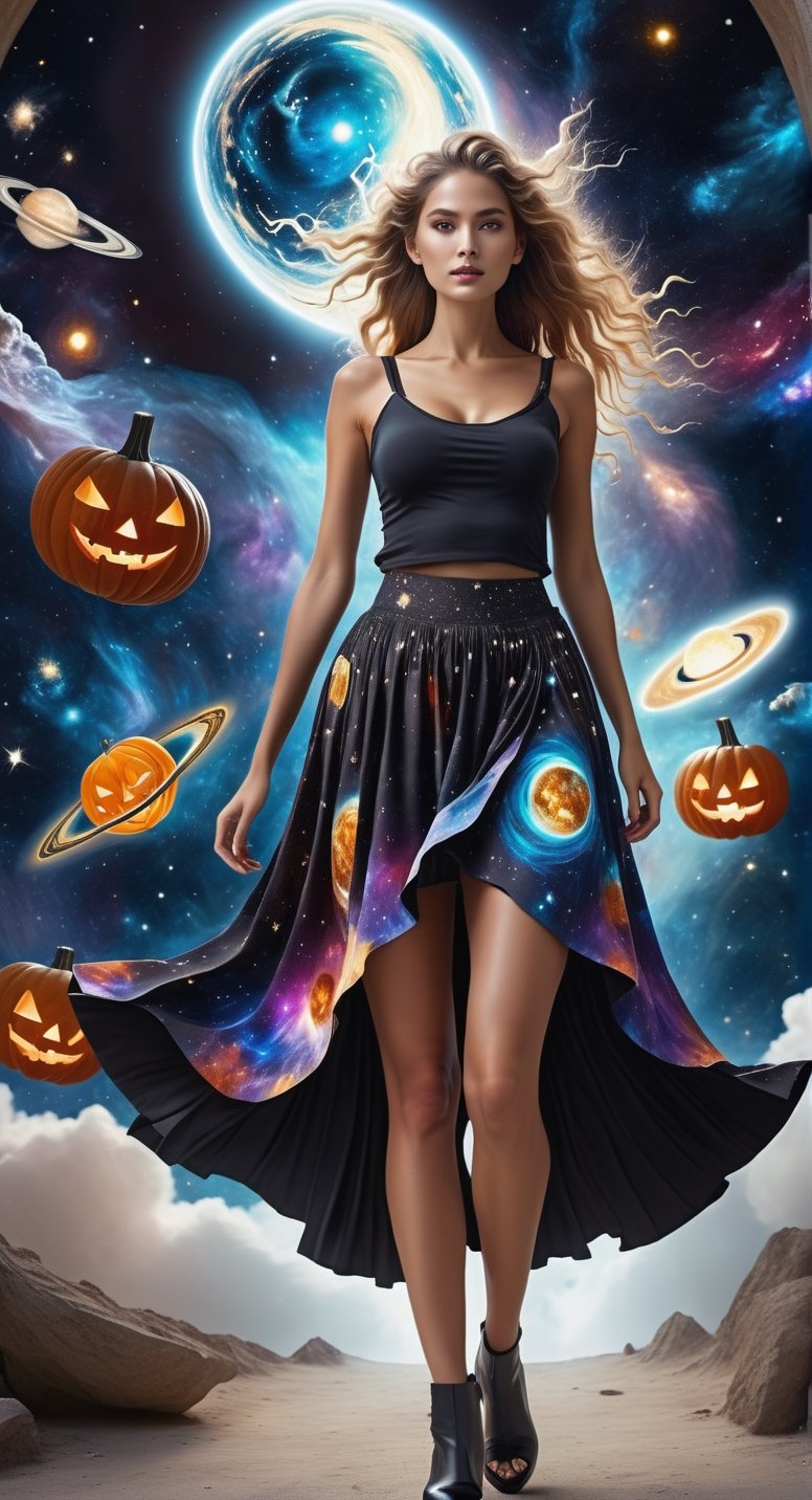 Celestial Symphony:
[Art AI Halloween 2023 Creativity style] Picture a colossal goddess in a cosmic miniskirt, walking amidst celestial wonders and galaxies. [Random camera view, ultra resolution, cosmic details, interplay of shadows and celestial light.],Leonardo Style
