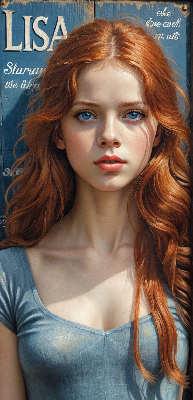 a girl holds with big an inscription, clear large distinguishable words,ultra realistic HD portrait, on the sign it says  "lisa"  / Hyperrealistic sexy Girl Portrait,full body,red long hair,ultra detail blue eyes,face,perfect body**: An extremely high-resolution hyperrealistic portrait of a girl, pushing the boundaries of realism with fine textures and lifelike details.
,vintagepaper,text as "",v0ng44g