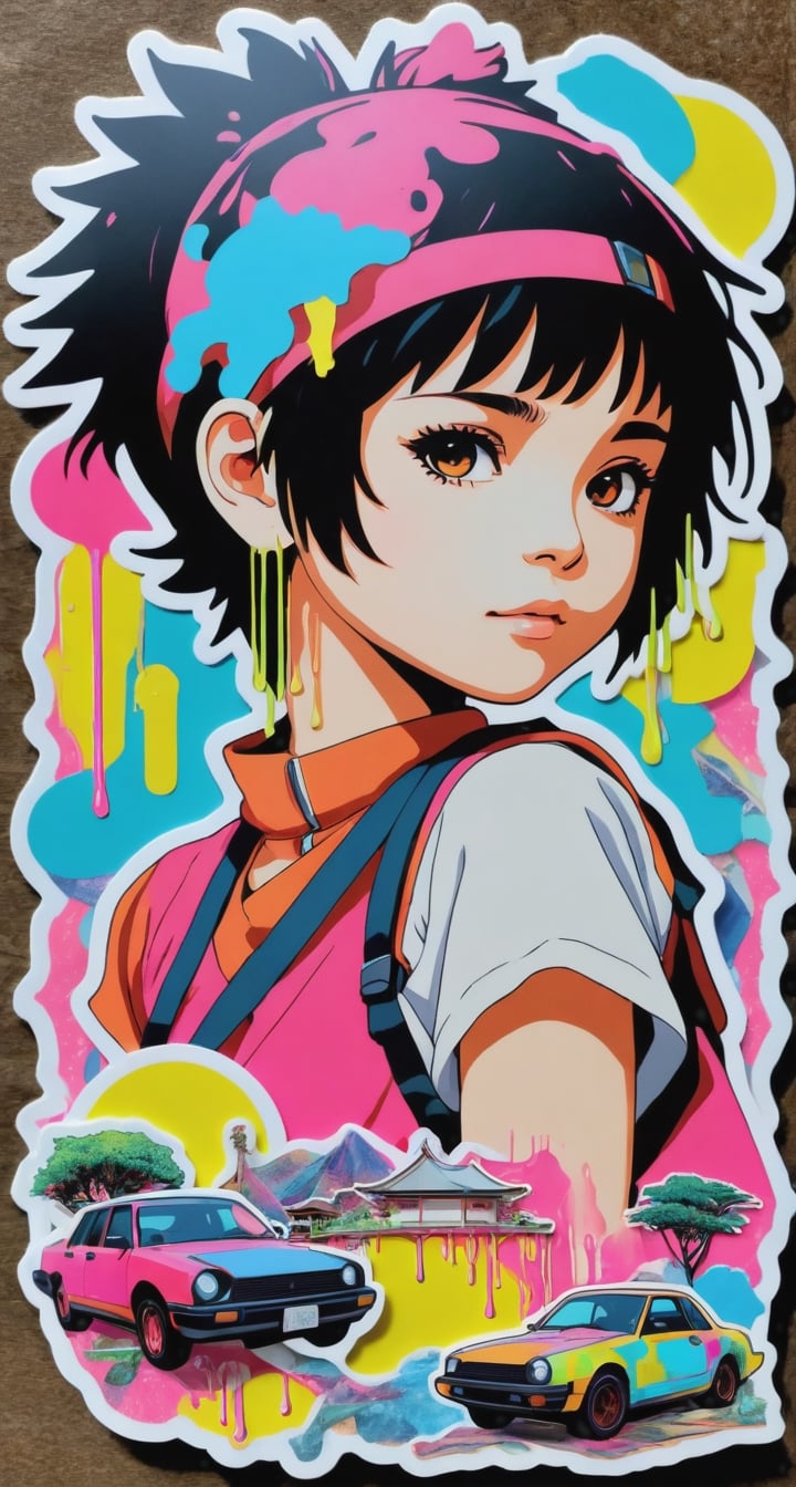 Collage Sticker with TenTen**: A multimedia collage of TenTen's life, with layers of her experiences.,Leonardo Style,neon style,dripping paint