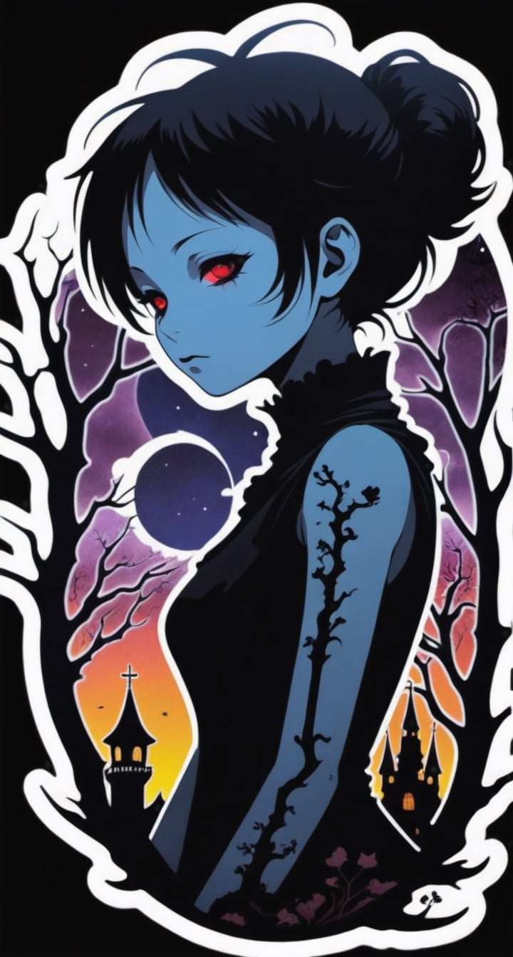 Macabre Sticker with perfect text ** TenTen **: TenTen's haunting silhouette amidst a dark, gothic dreamscape.
