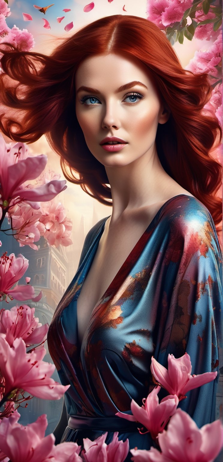 A very beautiful, dark red-haired, stylish woman with eyes reflecting the planet Earth, with an artistic pattern on her dress and the best face features,
 against the background of falling azalea petals, in a four-dimensional, photorealistic space 
,Mar1lyn_pos3