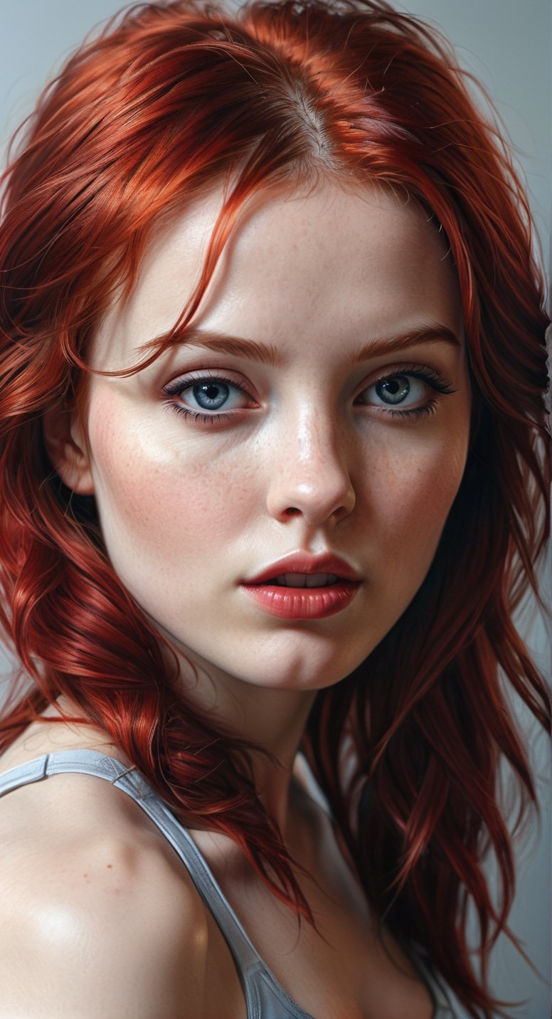 Hyperrealistic sexy Girl Portrait,full body,red hair,ultra detail eyes,face,body**: An extremely high-resolution hyperrealistic portrait of a girl, pushing the boundaries of realism with fine textures and lifelike details.
