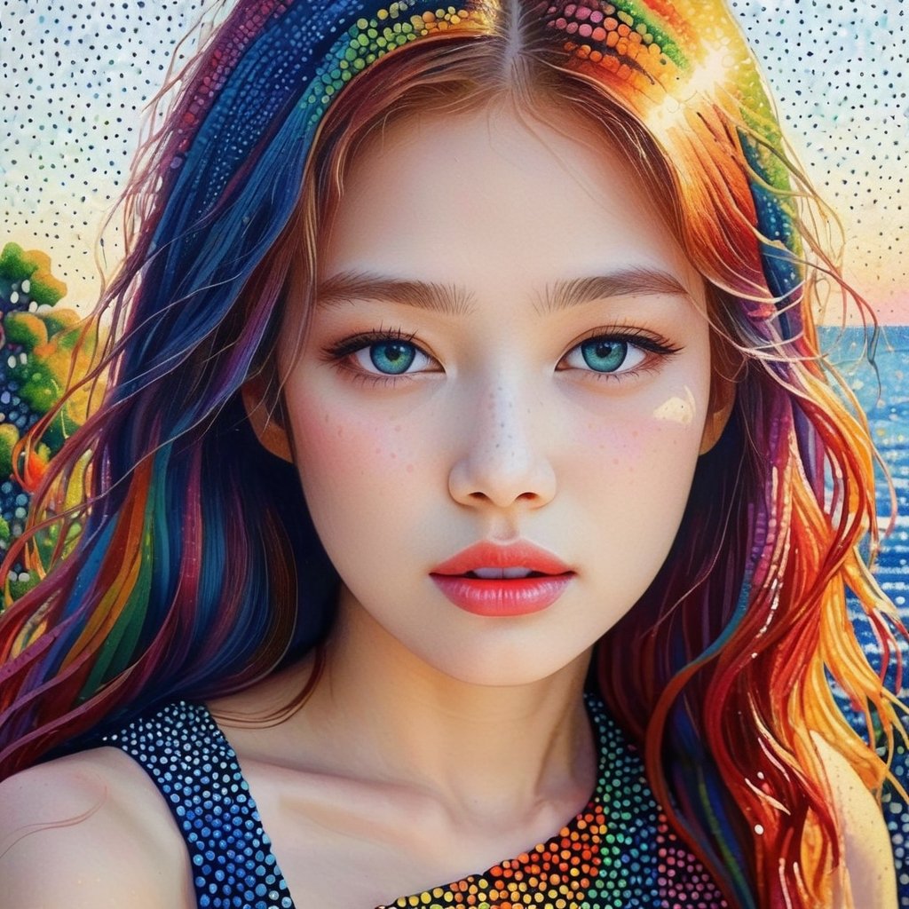 Pointillism style with a girl - composed entirely of small, distinct dots of color, vibrant, highly detailed.
,jennierubyjenes