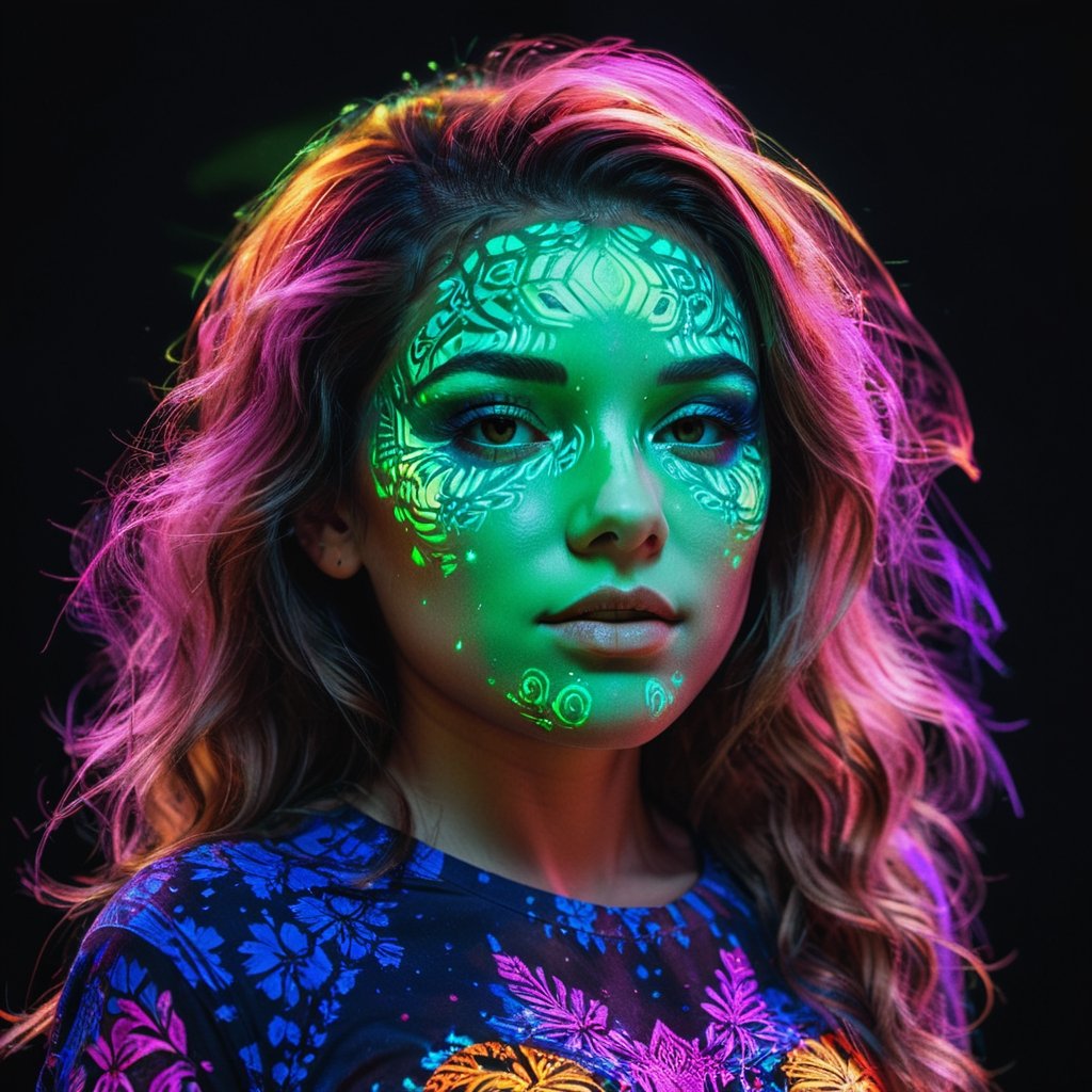 Hyperrealistic Girl Portrait**: An extremely high-resolution hyperrealistic portrait of a girl, pushing the boundaries of realism with fine textures and lifelike details.
,photo r3al,aw0k geometry,blacklight makeup,detailmaster2