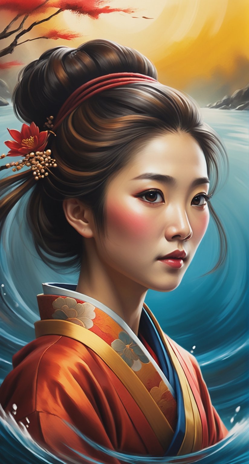 Craft a digital painting portraying a Japanese woman emerging from a Facebook profile page with meticulous attention to detail, featuring vibrant colors and dynamic water effects surrounding her. Capture the scene from various camera angles such as bottom view, top view, rear view, low angle, high angle, master shot, and extreme cinematic shot to add depth and immersion.
, in the style of esao andrews