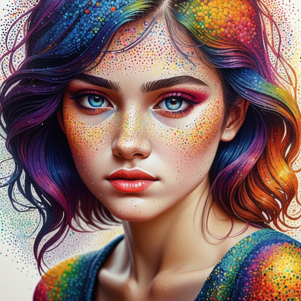 Pointillism style with a girl - composed entirely of small, distinct dots of color, vibrant, highly detailed.
,arcane