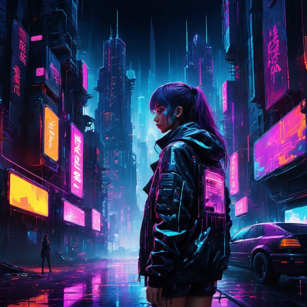 Cyberpunk cityscape with a girl - neon lights, dark alleys, skyscrapers, futuristic, vibrant colors, high contrast, highly detailed.
,dripping paint