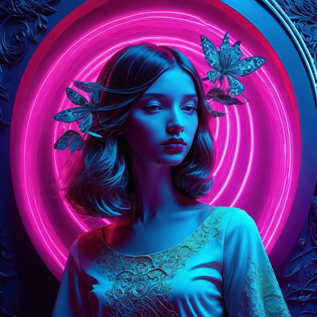 Surrealist art with a girl - dreamlike, mysterious, provocative, symbolic, intricate, detailed.
,3d style,neon photography style