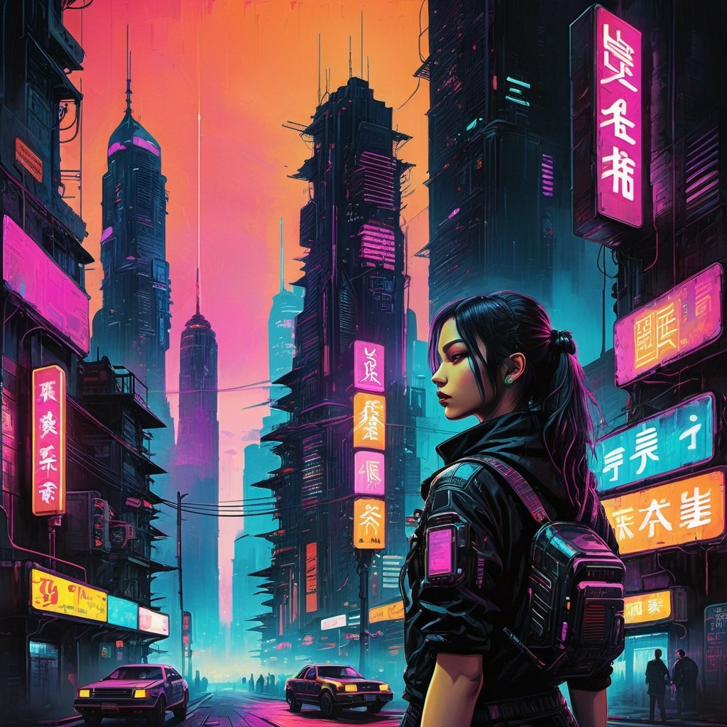 Cyberpunk cityscape with a girl - neon lights, dark alleys, skyscrapers, futuristic, vibrant colors, high contrast, highly detailed.
,vintagepaper