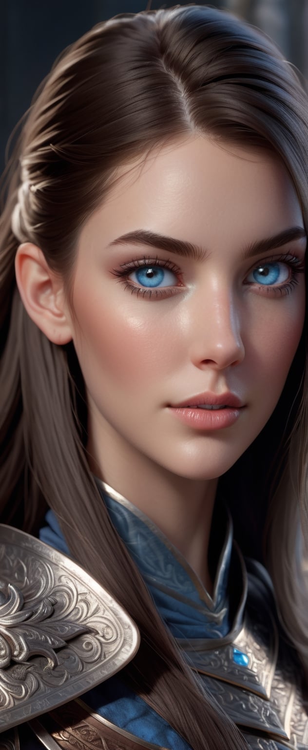 beautiful d&d character portrait, dark fantasy, detailed, realistic face, digital portrait, intricate armor, fiverr dnd character, wlop, artstation, hd, octane render, hyperrealism, very beautiful woman,realistic blue eyes,
very long glossy hair, shining armor,realistic shaders efects,HDR,64K
,3d toon style
