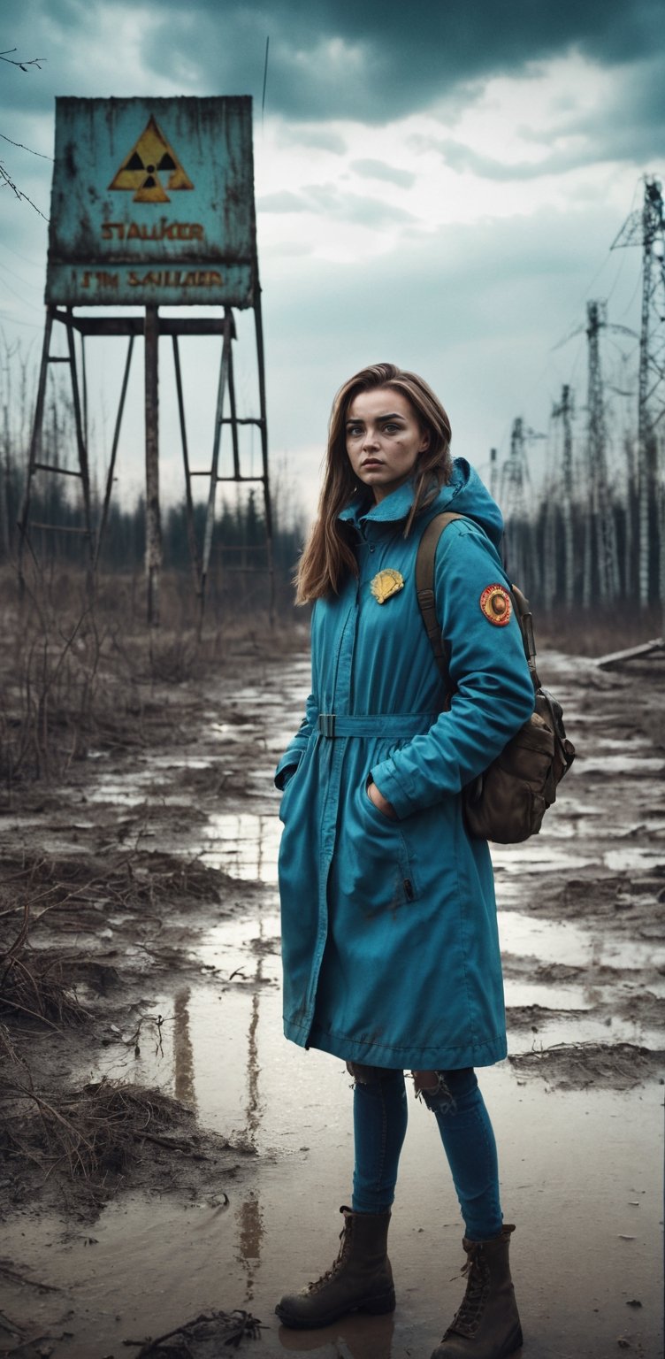 The sign text "I'M Stalker" / A very beautiful,instagram model, stalker girl in the Chernobyl exclusion zone, ultra realistic,extreme cinematic shot,master bottom view post, punk & post soviet styles, award winning photo, 8K, HD wallpapers,realistic lighting,shadow & details, mega quality,surreal world
, ,More Detail,Text,more saturation ,darkart