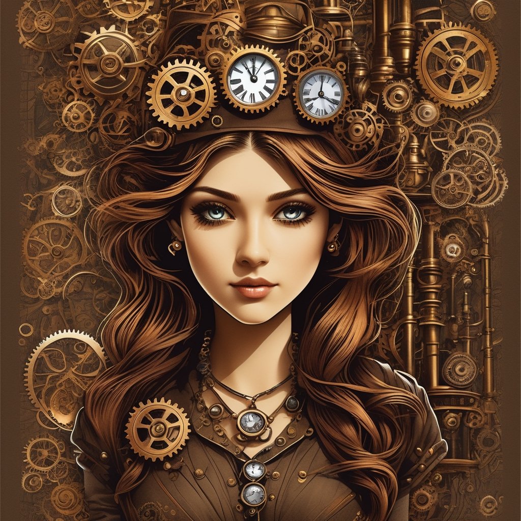 Steampunk style with a girl - antique, mechanical, brass and copper tones, gears, intricate, detailed.
,tshirt design