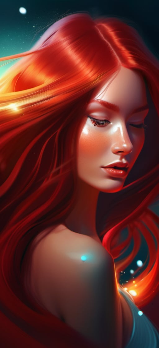 a painting of a woman with long red hair, digital art by Cyril Rolando, zbrush central contest winner, digital art, glossy digital painting, glowing flowing hair, flowing glowing hair
